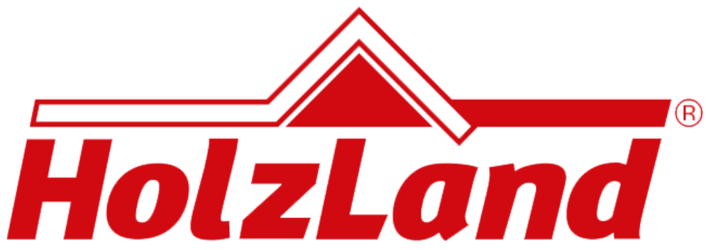 Logo von HolzLand mit stilisiertem roten Dach über dem Schriftzug