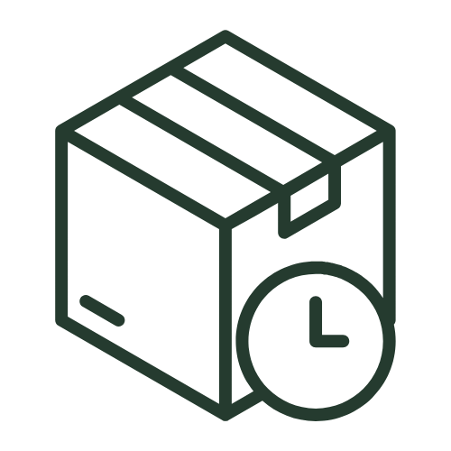 Symbol einer Lagerbox mit Uhr – steht für zeitlich flexiblen Einlagerungsservice.