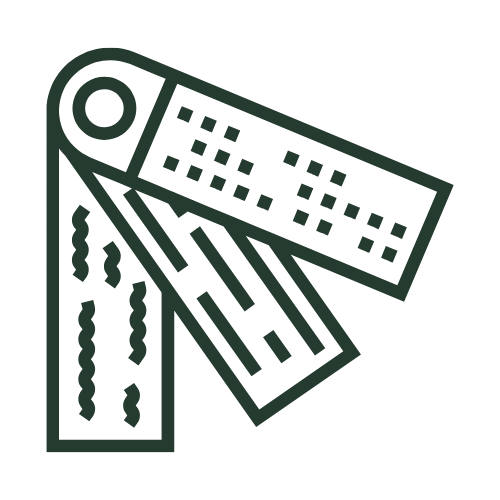 Symbol eines Musterfächers mit verschiedenen Oberflächen – steht für Musterverleih und Katalogauswahl.